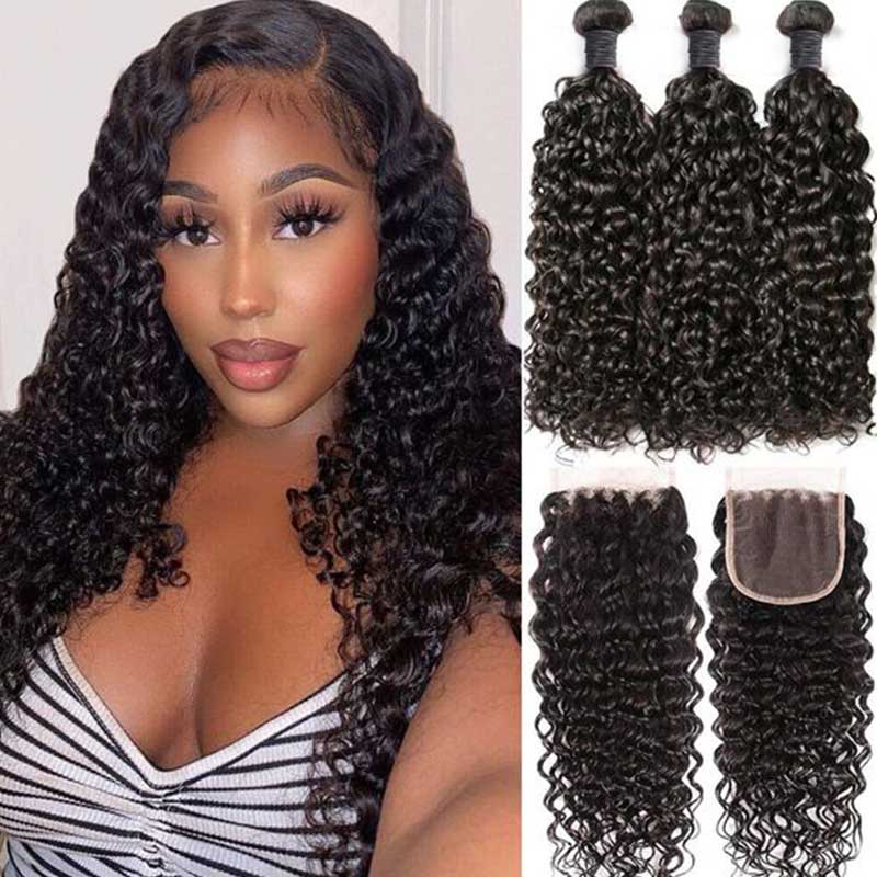 Queen Remy Human Hair Water Wave Bundles Deep Wave Jerry Curly Kinky Curly  3 Bundles With Closure 4x4 Lace Closure