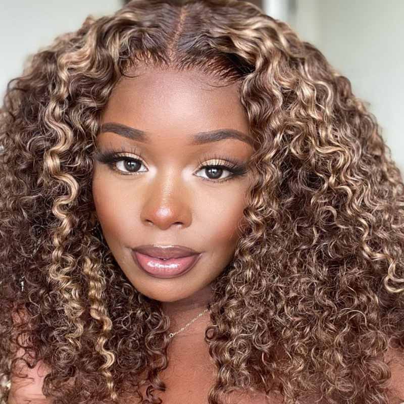 QVR Deep Wave Closure Wigs Human Hair Wigs 180% Density 4x4 Lace Closure Highlight Wigs Honey Blonde