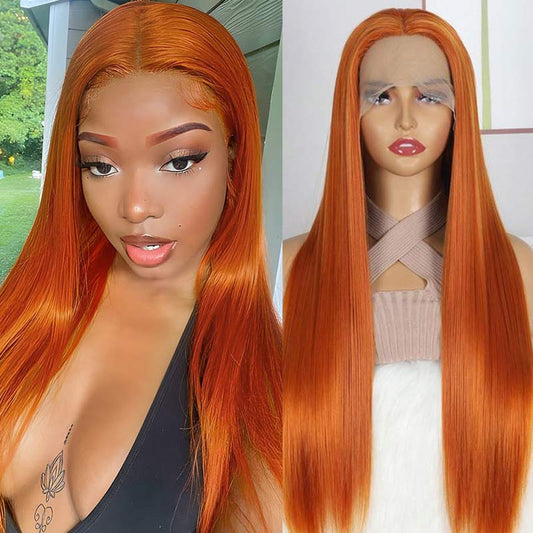QVR Promotion Ginger Orange Straight T Lace Part Wigs With Pre Plucked Hairline