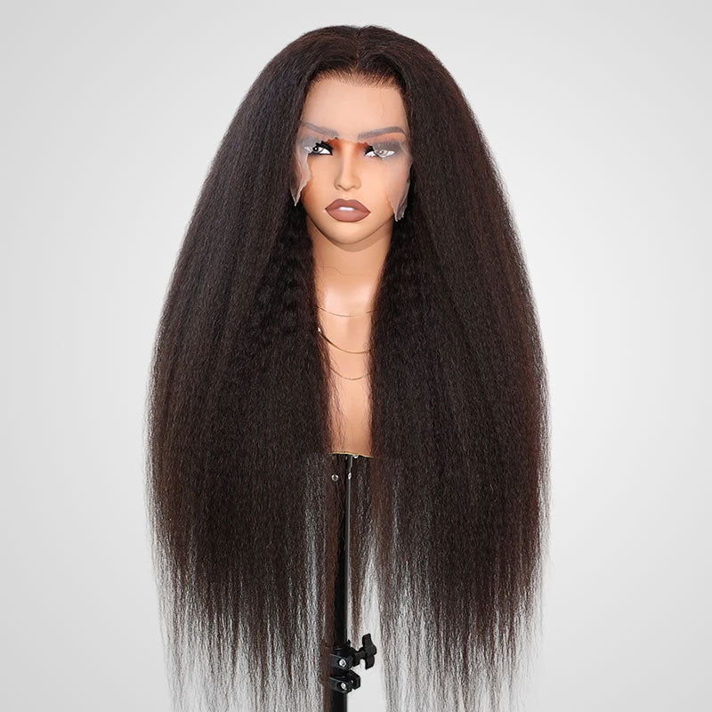 QVR Long Kinky Straight Unprocessed Yaki Human Hair 13x4 Lace Front Wig