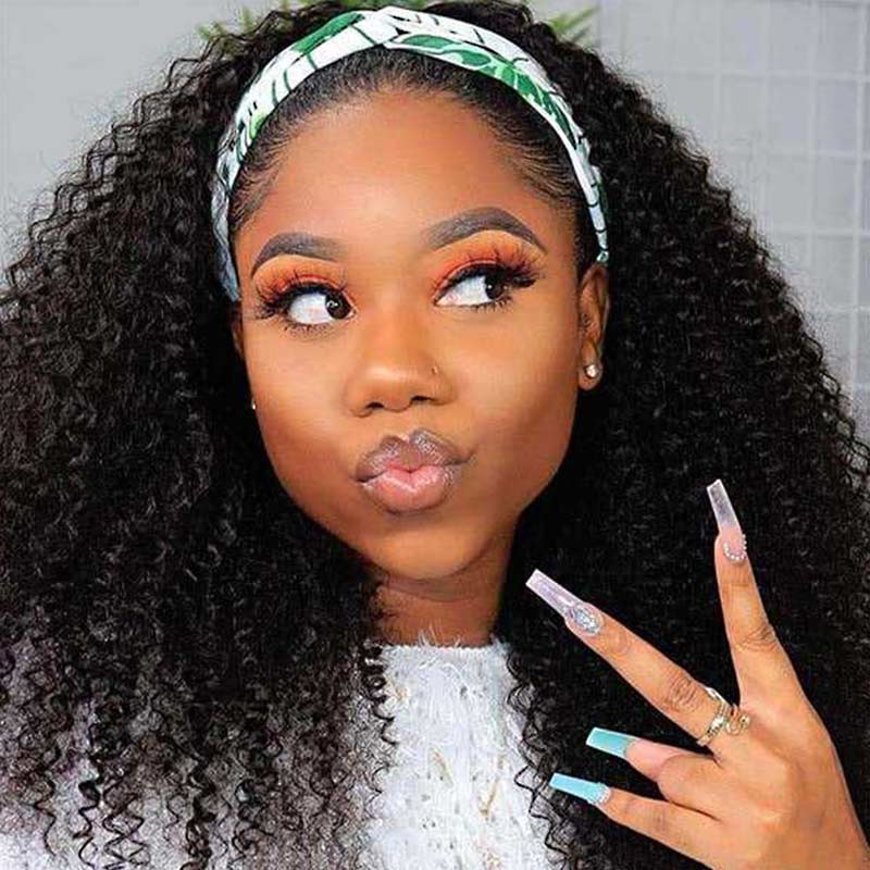 QVR Kinky Curly Wig Headband Wig Glueless Wig Human Hair Wigs Natural Looking