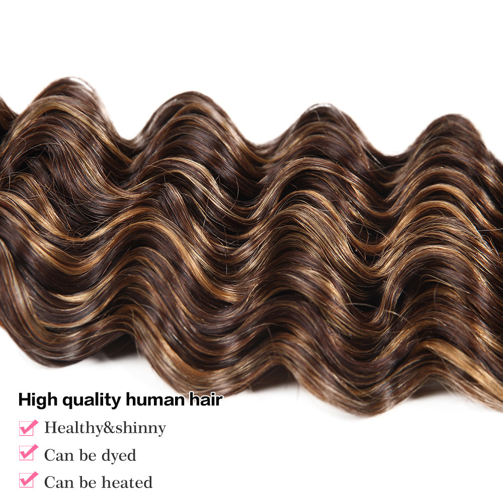 QVR Deep Wave Weave 3 Bundles with Closure Virgin Human Hair Highlights Weave and Closure Piano Brown Color