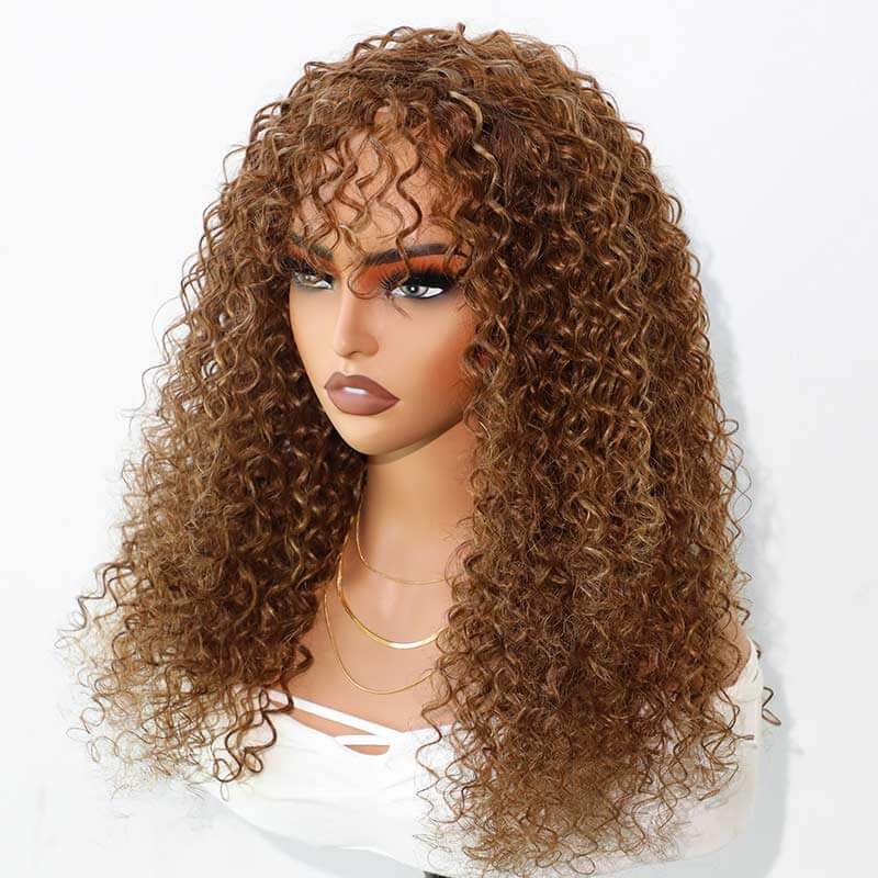 QVR Highlight Curly No Lace Piano #4/27 Color Glueless Machine Made Wig With Bangs