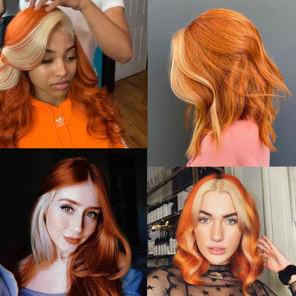 QVR Body Wave Human Hair Bundles 3 Ginger Orange Human Hair Bundles with Blonde Lace Closure Skunk Stripe