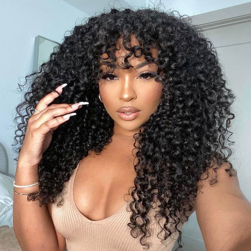 QVR Highlight Curly No Lace Piano #4/27 Color Glueless Machine Made Wig With Bangs