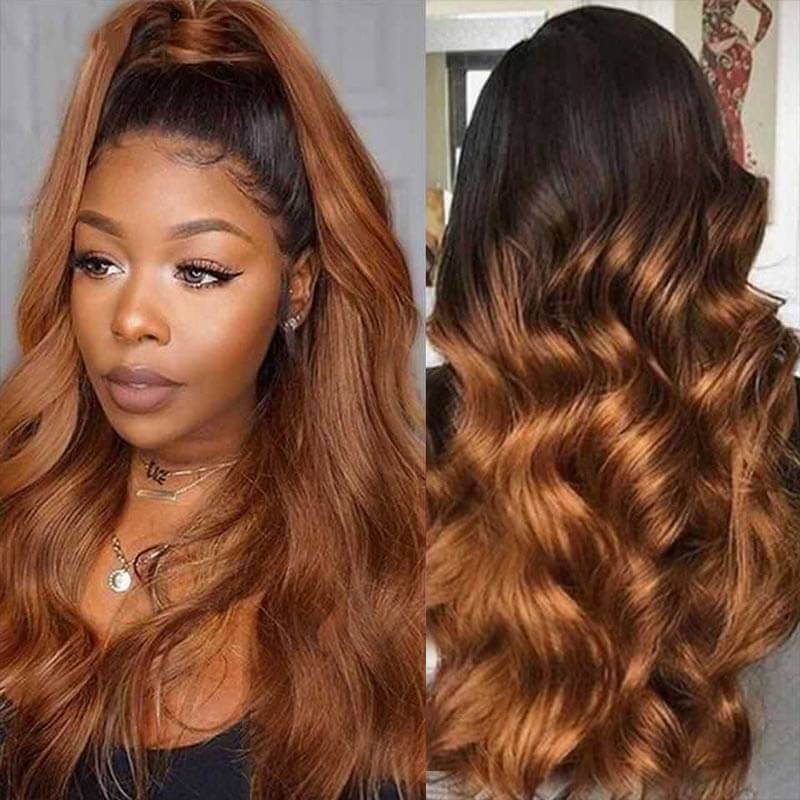 QVR Body Wave Hair 1B/30 Ombre Honey Brown Color Glueless 13x4 Lace Frontal Wig 100% Virgin Human Hair Wigs