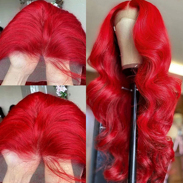 32 Inch Red Color Lace Front Wigs Body Wave Transparent 13x4 Lace Front Wig with Pre Plucked