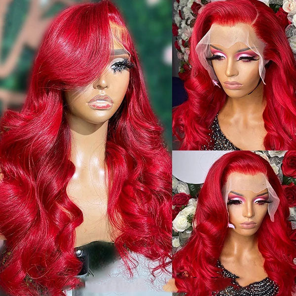 32 Inch Red Color Lace Front Wigs Body Wave Transparent 13x4 Lace Front Wig with Pre Plucked