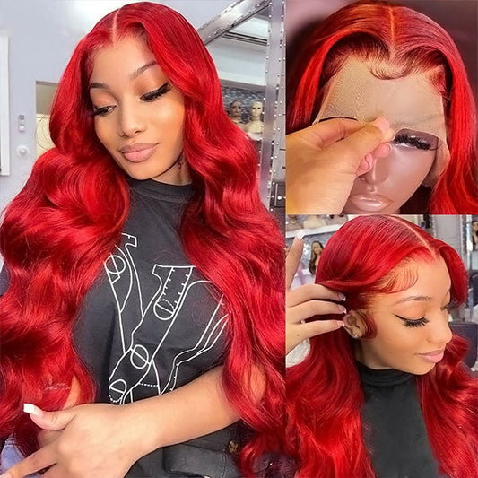 32 Inch Red Color Lace Front Wigs Body Wave Transparent 13x4 Lace Front Wig with Pre Plucked