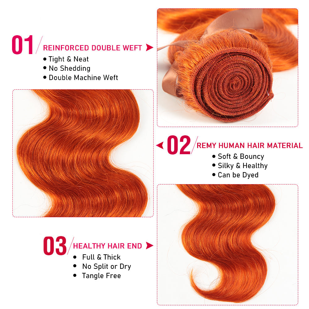 Queen Remy Ginger  Human Hair 3 Bundles Body Wave Hair Orange Color