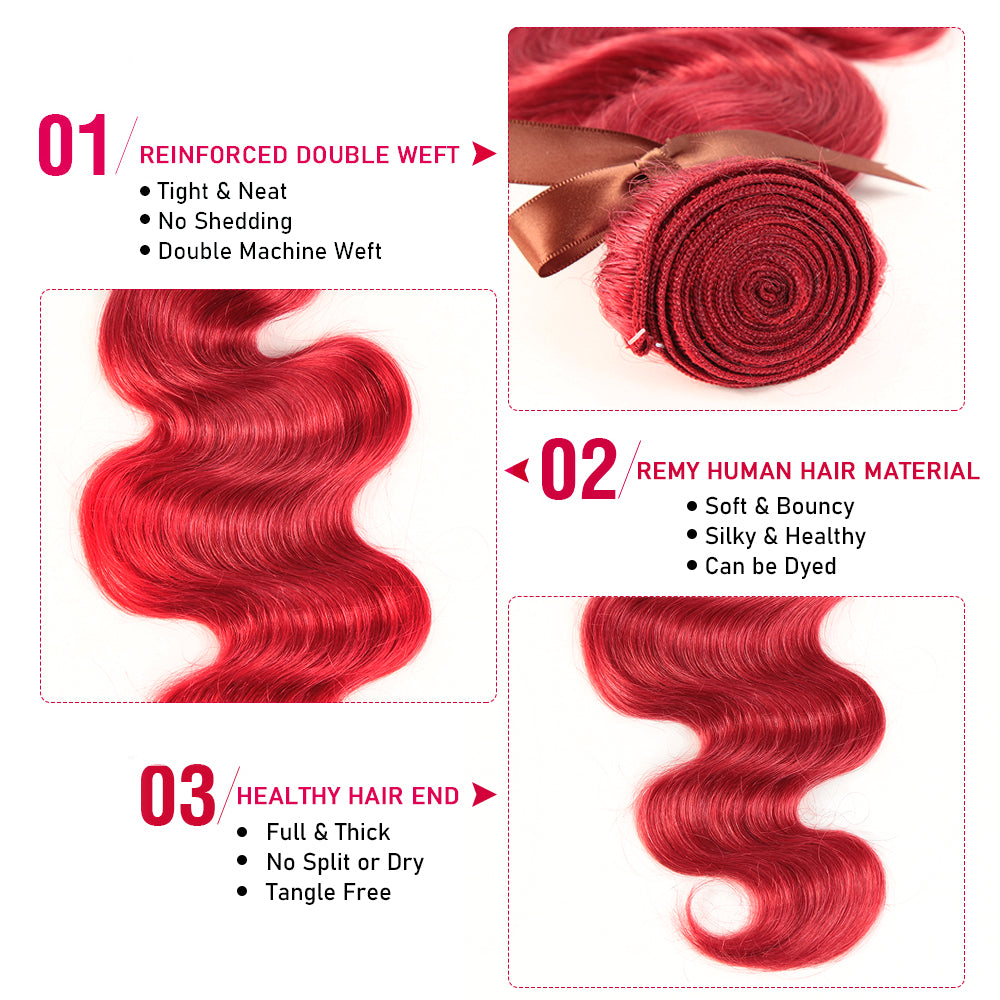 Queen Remy Human Hair 3 Bundles Body Wave Hair Red Color