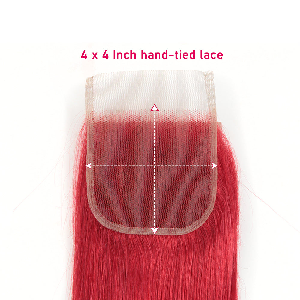 Queen Remy Human Hair 3 Bundles with Closure Straight Hair Weave Red Color