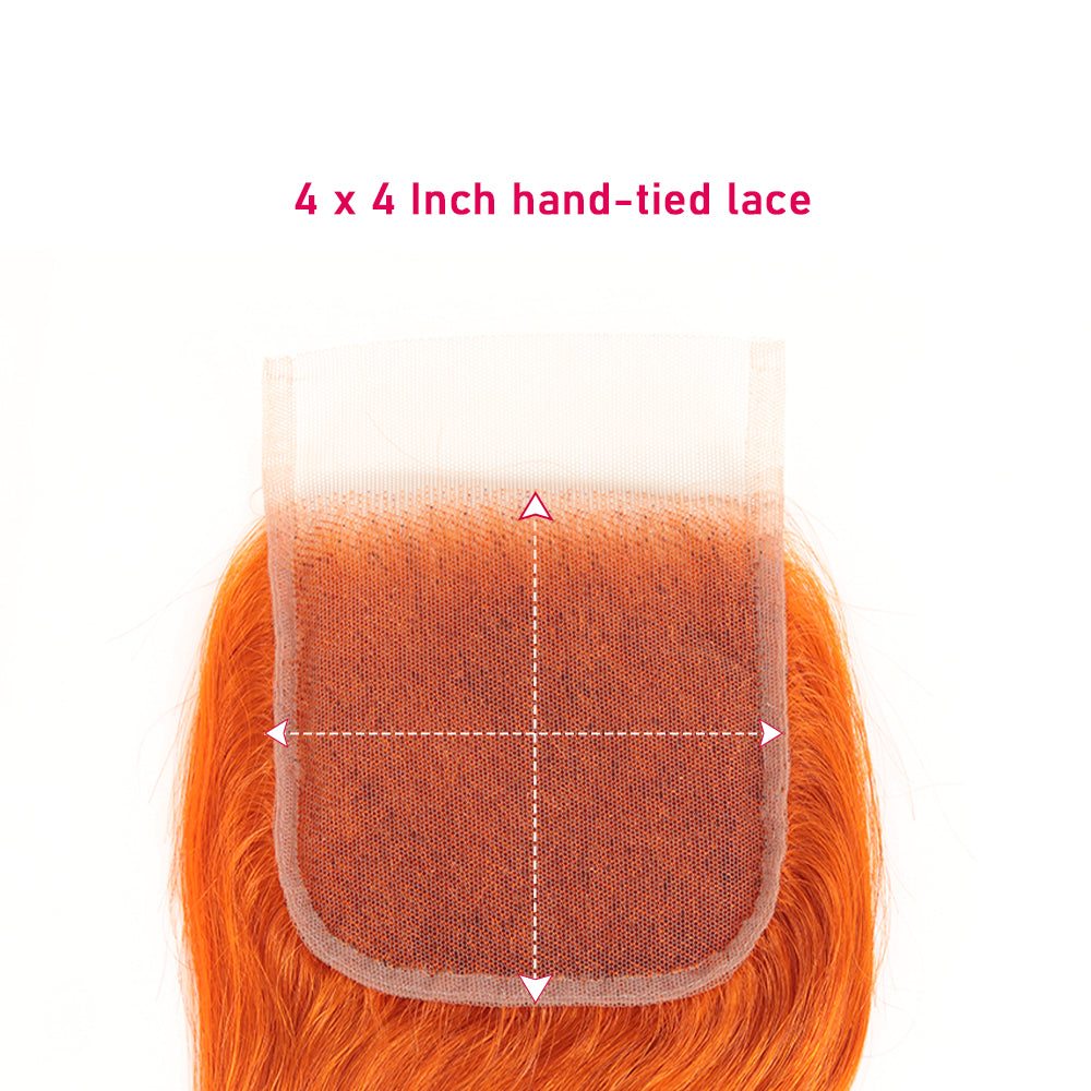 Queen Remy Human Hair Ginger Orange Color 3 Bundles with Closure Straight Hair Weave Orange Color