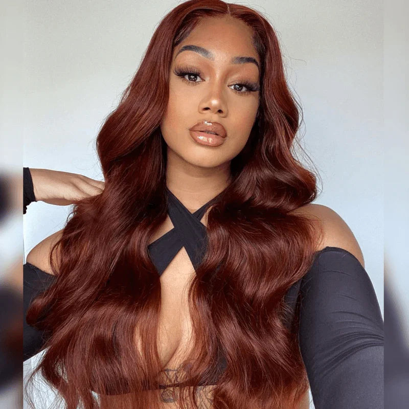 QVR Real Glueless 5x5 HD Transparent Lace Body Wave Wigs #33 Red Reddish Brown Auburn Color
