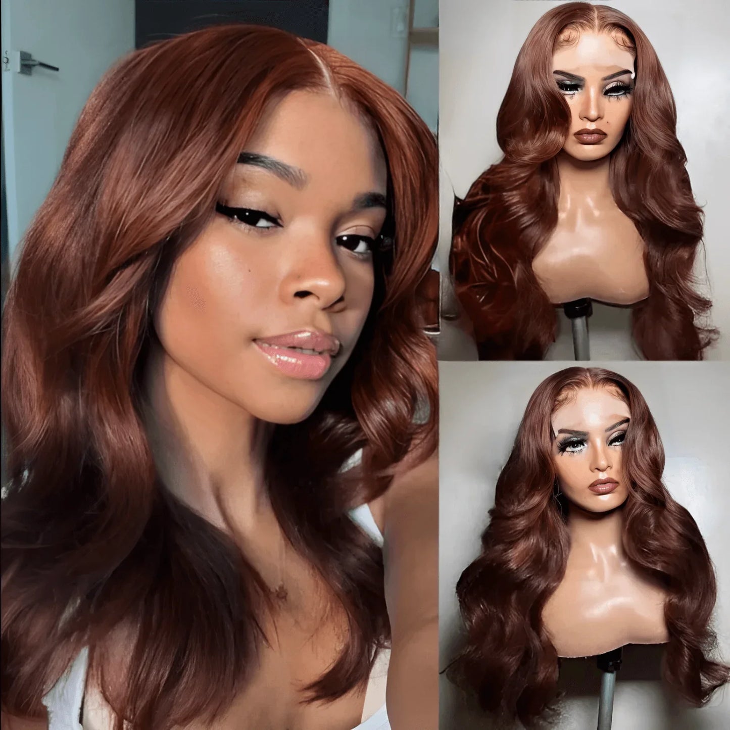QVR Real Glueless 5x5 HD Transparent Lace Body Wave Wigs #33 Red Reddish Brown Auburn Color