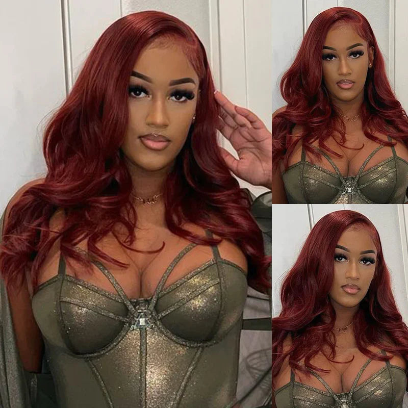 QVR Real Glueless 5x5 HD Transparent Lace Body Wave Wigs #33 Red Reddish Brown Auburn Color