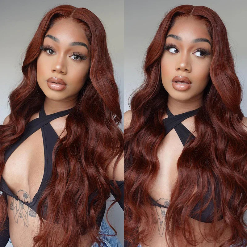 QVR Real Glueless 5x5 HD Transparent Lace Body Wave Wigs #33 Red Reddish Brown Auburn Color