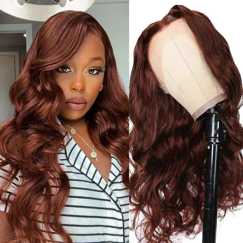 QVR Real Glueless 5x5 HD Transparent Lace Body Wave Wigs #33 Red Reddish Brown Auburn Color