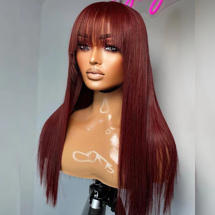 QVR Straight 13x4/4x4 Lace Front Wig With #33 Reddish Brown Bangs Wigs Human Hair Wig Easy to Go
