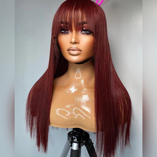 QVR Straight 13x4/4x4 Lace Front Wig With #33 Reddish Brown Bangs Wigs Human Hair Wig Easy to Go