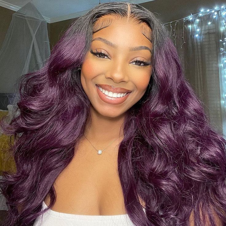 QVR Body Wave Ombre Smokey Dark Purple 13x4 Lace Front Wig With Black Root Human Hair