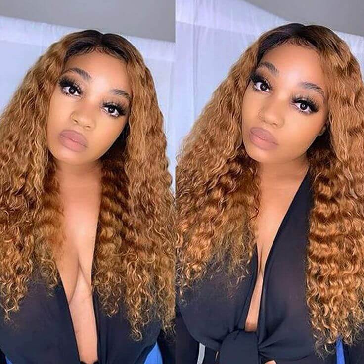 QVR Deep Wave 1B/30 Ombre Honey Brown Color Glueless 4x4 Lace Closure Wig 100% Virgin Human Hair Wigs