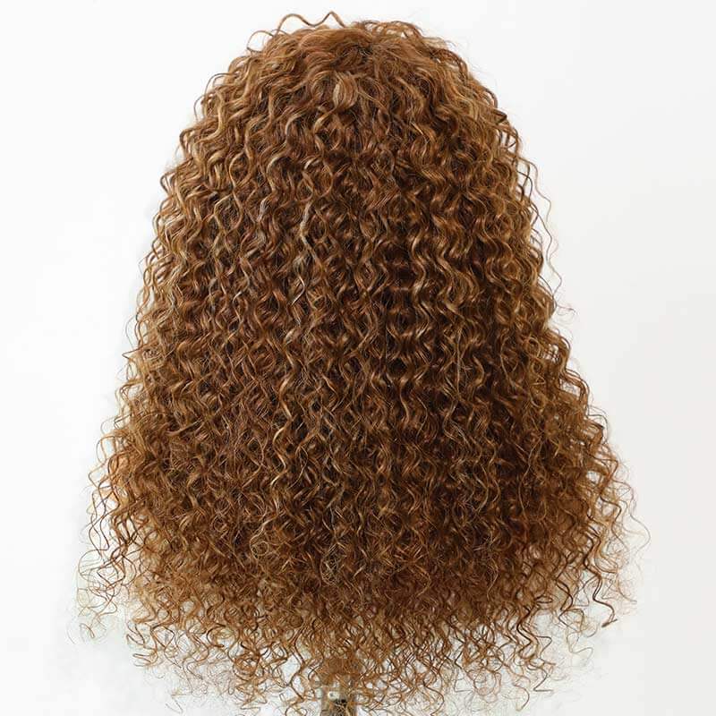 QVR Highlight Curly No Lace Piano #4/27 Color Glueless Machine Made Wig With Bangs