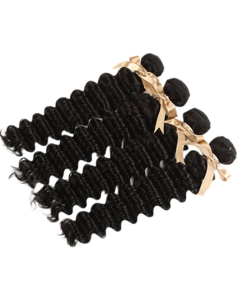 QVR Remy Human Hair 4 Bundles With Closure Deep Wave With 4x4 Lace Closure Natural Black