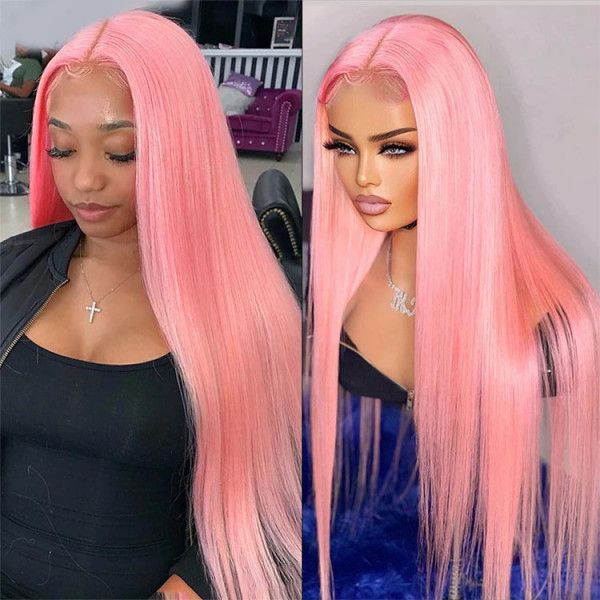 QVR Pink Color 13x4 Transparent Lace Front Wig Bone Straight Pre-plucked Human Hair Wigs