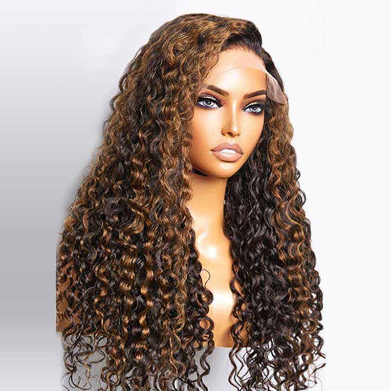 QVR Balayage Funmi Curly Glueless 5x5 Lace Closure Wig Brown Highlights Human Hair Wigs