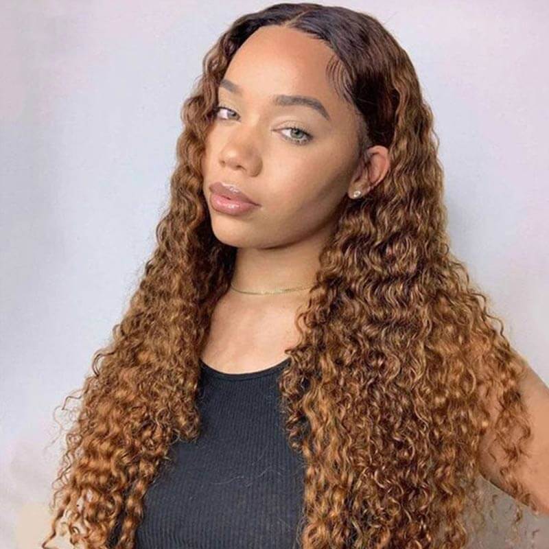 QVR Deep Wave 1B/30 Ombre Honey Brown Color Glueless 4x4 Lace Closure Wig 100% Virgin Human Hair Wigs