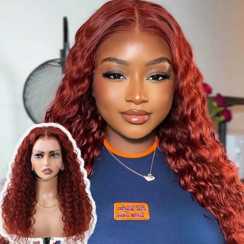 QVR New Auburn Brown 13x4 Lace Frontal Water Wave Pre-plucked Human Hair Wigs