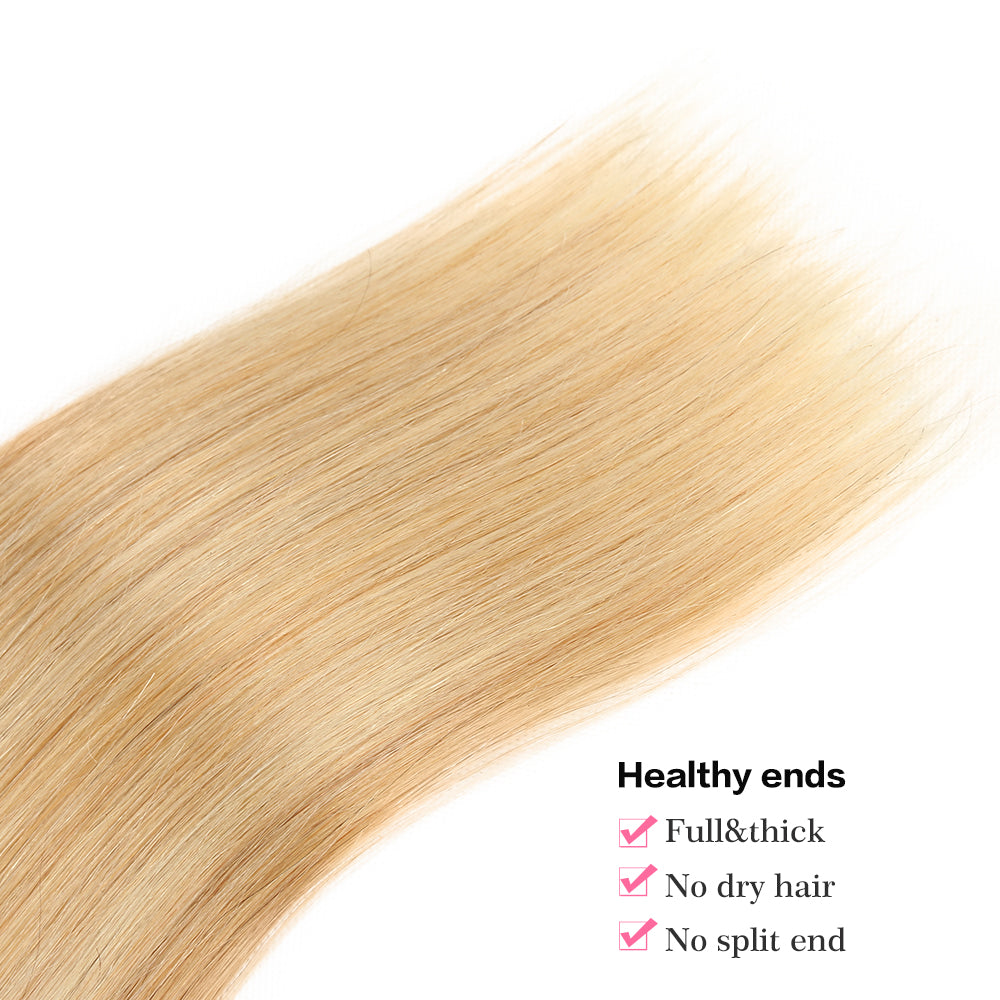 QVR Remy Human Hair 3 Bundles Straight Human Hair Weave Piano Blonde Color 27/613