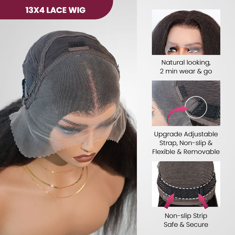 QVR Long Kinky Straight Unprocessed Yaki Human Hair 13x4 Lace Front Wig