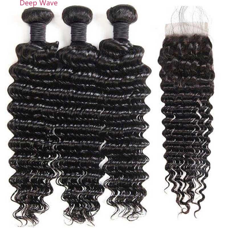Queen Remy Human Hair Water Wave Bundles Deep Wave Jerry Curly Kinky Curly  3 Bundles With Closure 4x4 Lace Closure