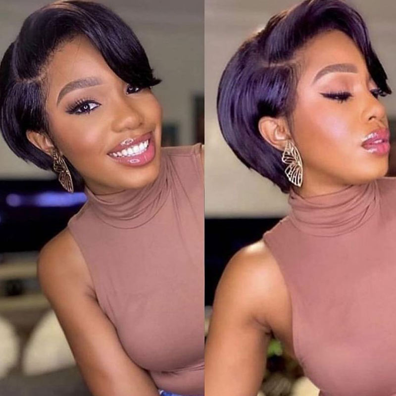 QVR Pixie Cut Style Short Hair Natural Black Color T Part Lace Frontal Human Hair Wig