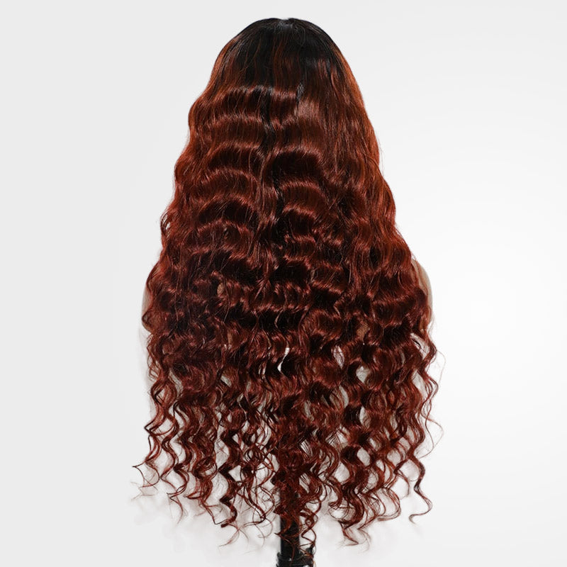 QVR 1B/33 Glueless Affordable Loose Deep Wave 4x4/5x5 Lace Closure Ombre Reddish Brown Colored Wigs