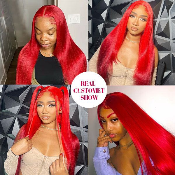 QVR Pre Plucked Red Color Straight 13x4 Lace Front Wig Colored Nature Hairline Human Hair Wigs