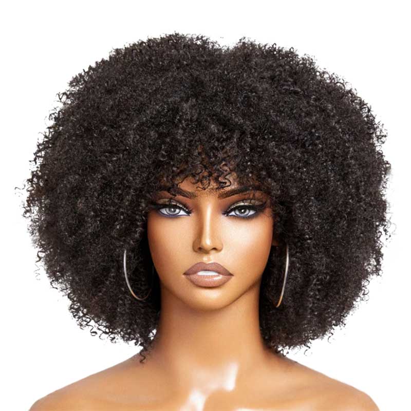 QVR Wear&Go Afro Curly No Lace Glueless Short Machine Made Wig With Bangs 100% Human Hair