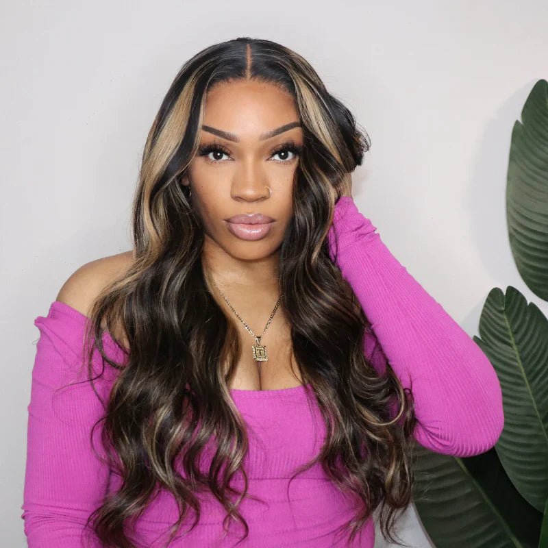 QVR Balayage Highlight Color 4x4 Transparent Lace Closure Invisible knots Pre-Plucked Body Wave Wig
