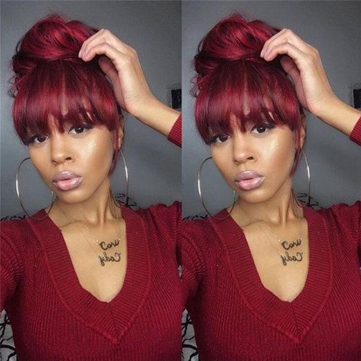 QVR 99J Burgundy Color Machine Made Wig With Bangs Stright Human Hair Wigs No Lace
