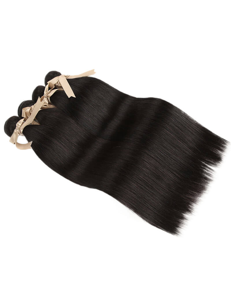 QVR Remy Human Hair Straight Hair 4 Bundles With 4x4 Lace Closure Natural Color