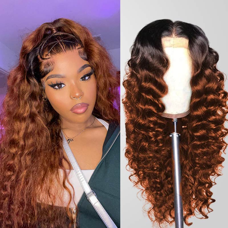 QVR 1B/33 Glueless Affordable Loose Deep Wave 4x4/5x5 Lace Closure Ombre Reddish Brown Colored Wigs