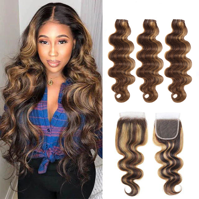 QVR Body Wave Human Hair Weave 3 Bundles with Closure Virgin Hair Highlight Piano Brown Blonde Color