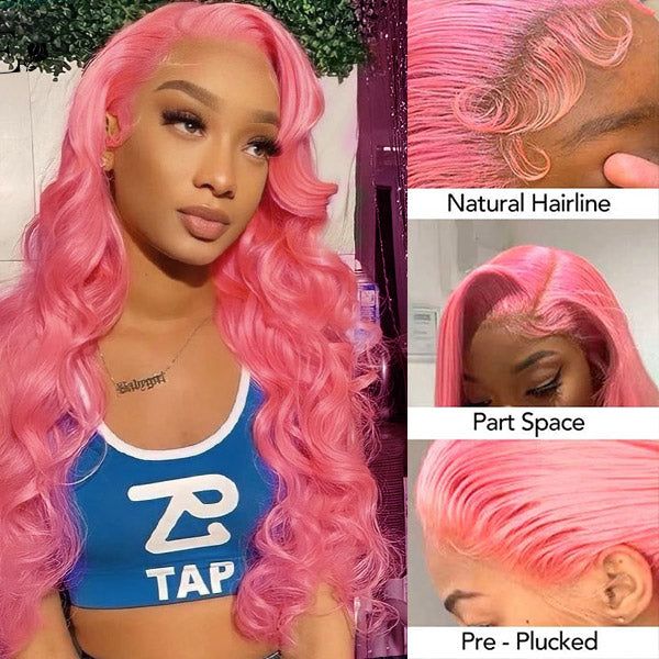 QVR Pink Color 13x4 Transparent Lace Front Wig Bone Straight Pre-plucked Human Hair Wigs