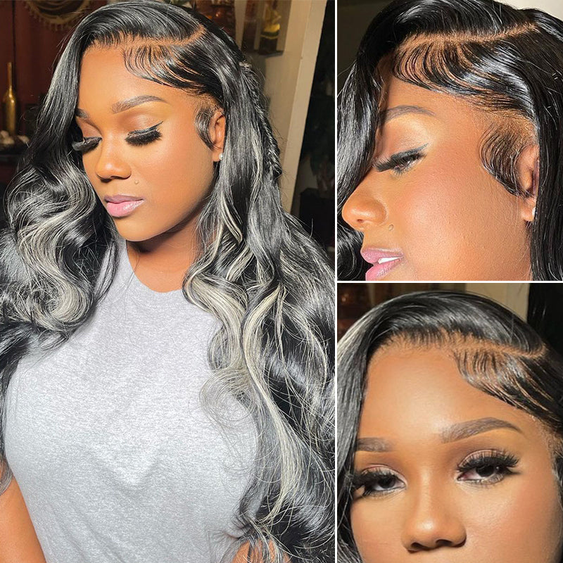 QVR Platinum Blonde Highlights Colored Wig 4x4/13x4 HD Transparent Lace Frontal Wig Mix Color Human Hair Wig
