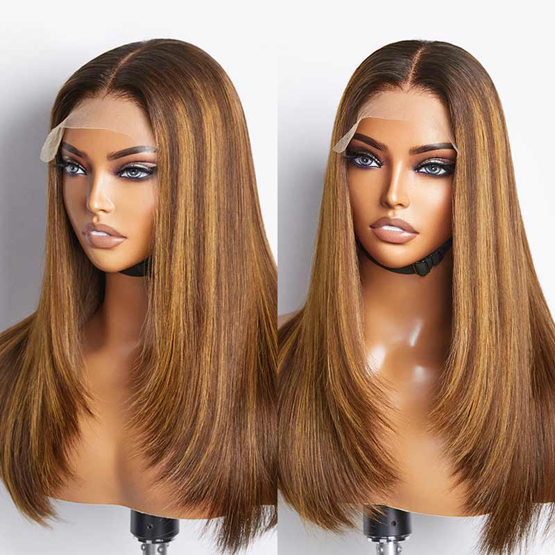 QVR Glueless Piano Highlight Straight 5x5 Lace Closure Wig Layered Cut Human Hair Brown Mix Blonde Wigs