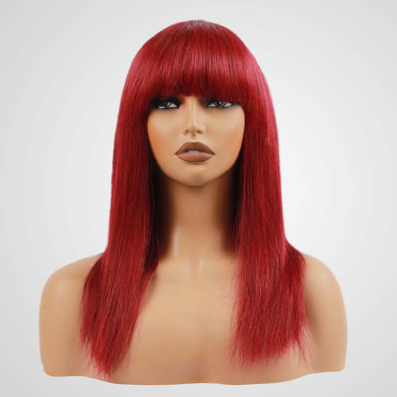 Flash Sale|Burgundy Straight Machine Made Wig With Bang No Lace