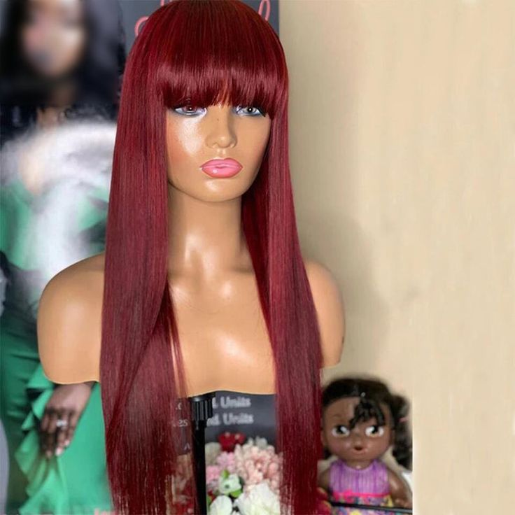 QVR 99J Burgundy Color Machine Made Wig With Bangs Stright Human Hair Wigs No Lace