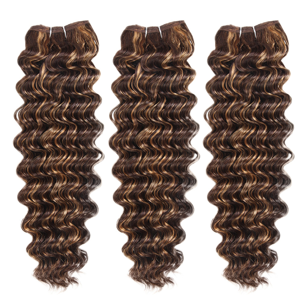 QVR Deep Wave Weave 3 Bundles with Closure Virgin Human Hair Highlights Weave and Closure Piano Brown Color